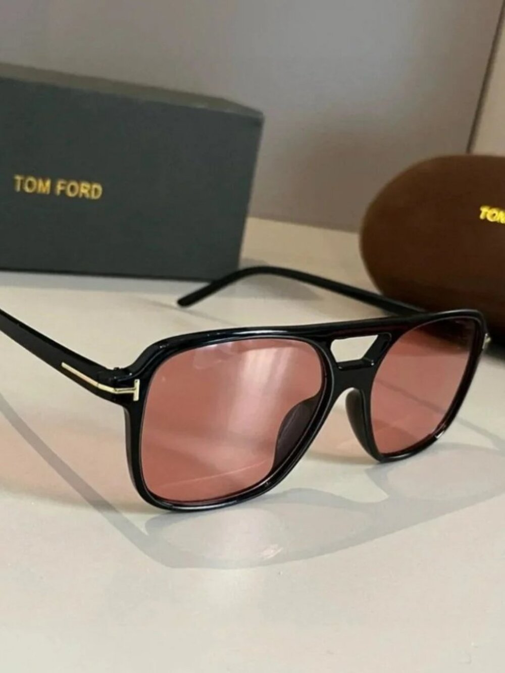 Tom Ford T-shaped Pink-Lens Black-Frame Sunglasses